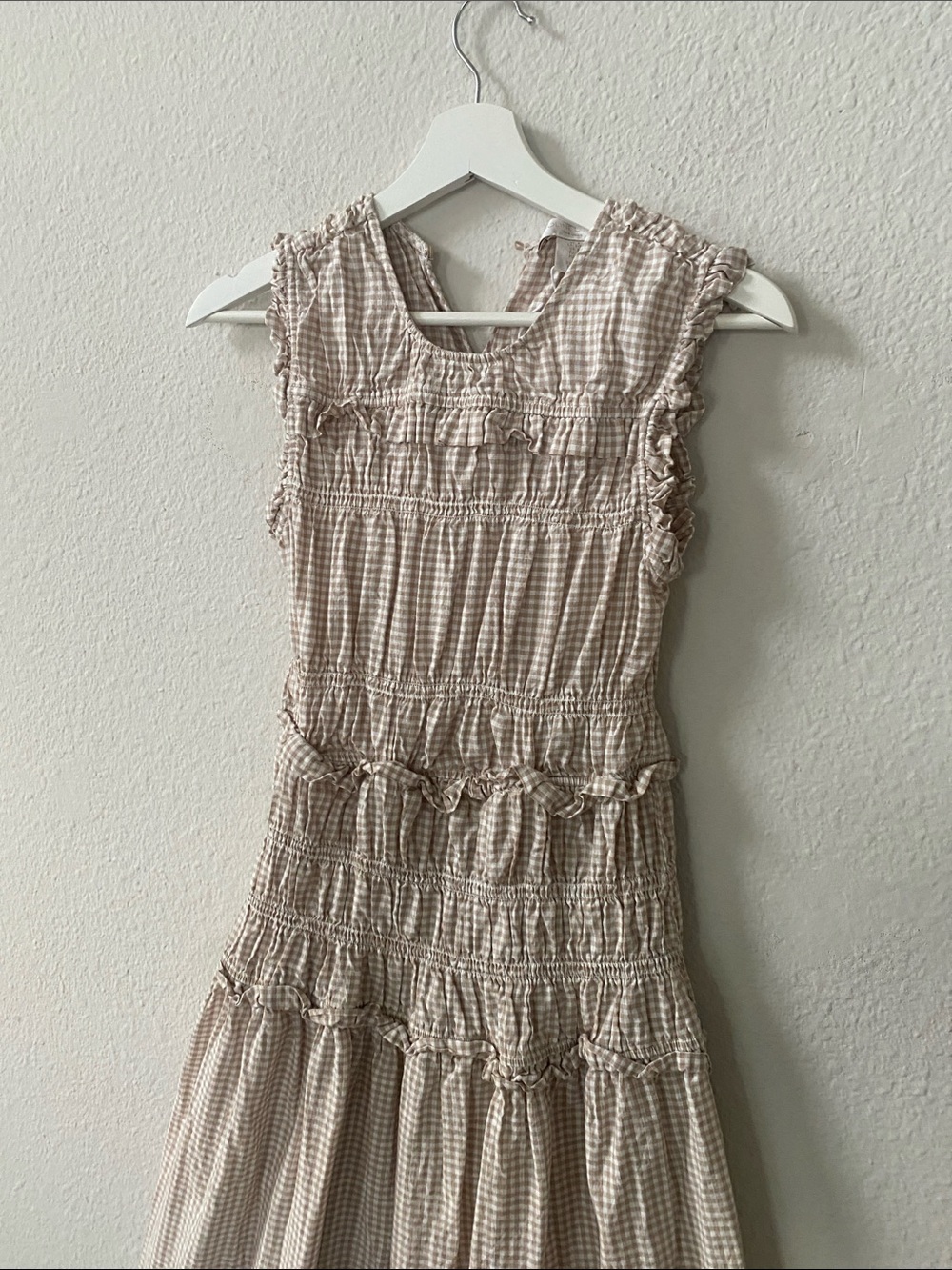 Caroline Constas Tan White Gingham Check Plaid Midi Smocked Sundress size small - Picture 3 of 7